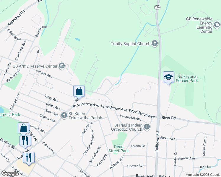 map of restaurants, bars, coffee shops, grocery stores, and more near 805 Christian Court in Schenectady