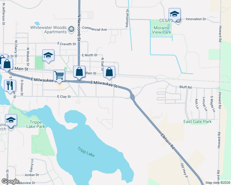 map of restaurants, bars, coffee shops, grocery stores, and more near 854 East Clay Street in Whitewater