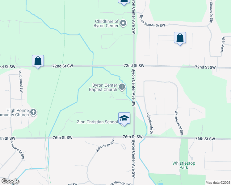 map of restaurants, bars, coffee shops, grocery stores, and more near 7401 Byron Center Avenue Southwest in Byron Center