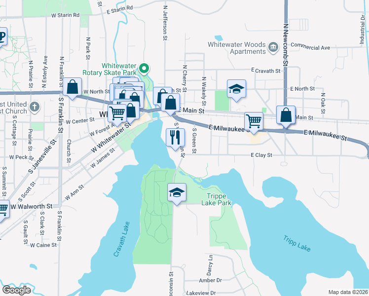 map of restaurants, bars, coffee shops, grocery stores, and more near 200 East Clay Street in Whitewater