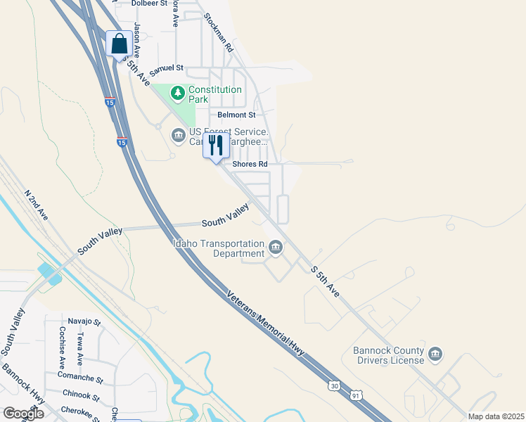map of restaurants, bars, coffee shops, grocery stores, and more near 4783 South 5th Avenue in Pocatello