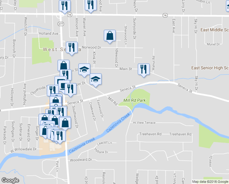 map of restaurants, bars, coffee shops, grocery stores, and more near 4241 Seneca Street in Buffalo