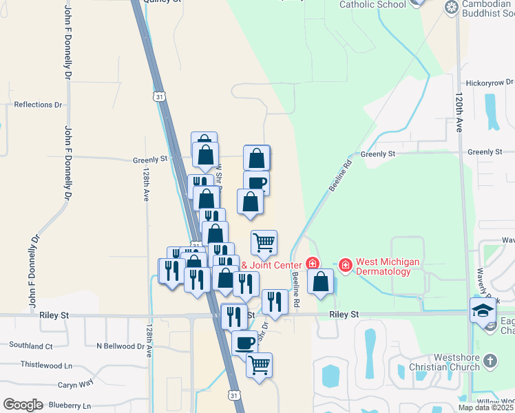 map of restaurants, bars, coffee shops, grocery stores, and more near 3456 West Shore Drive in Holland