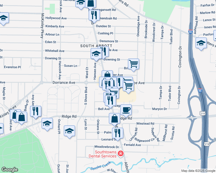 map of restaurants, bars, coffee shops, grocery stores, and more near 1243 Abbott Road in Buffalo