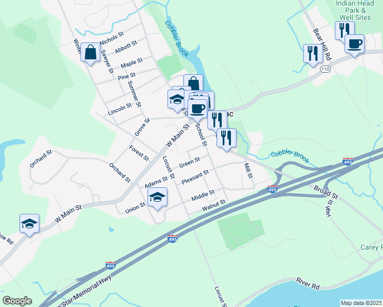 map of restaurants, bars, coffee shops, grocery stores, and more near 8 Green Street in Merrimac