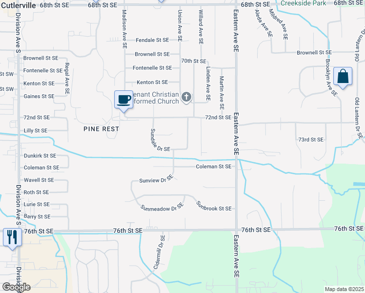 map of restaurants, bars, coffee shops, grocery stores, and more near 7358 Jewelbrooke Drive Southeast in Grand Rapids