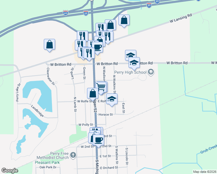 map of restaurants, bars, coffee shops, grocery stores, and more near 530 North Madison Street in Perry