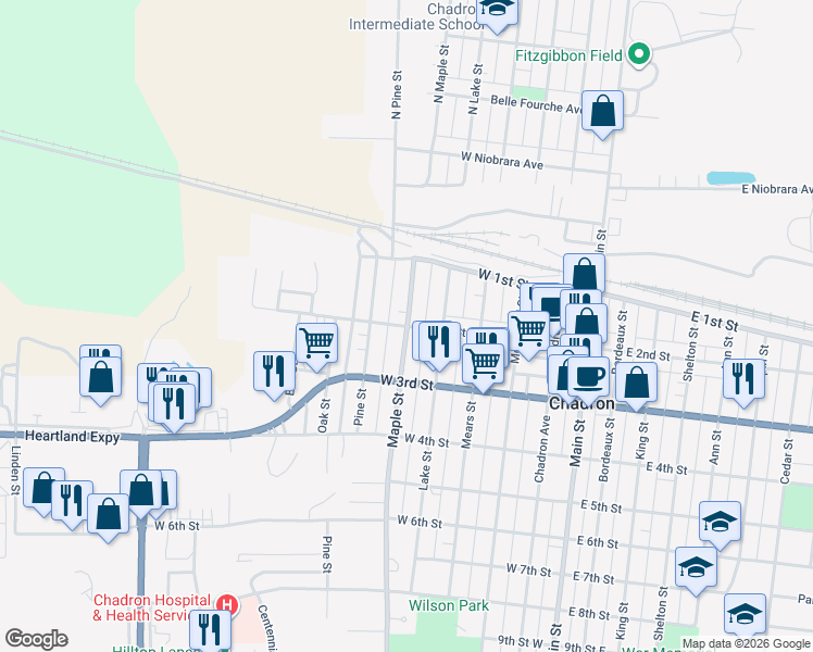 map of restaurants, bars, coffee shops, grocery stores, and more near 199 Maple Street in Chadron