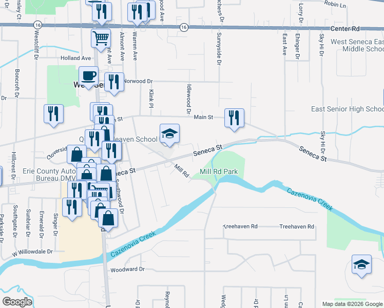 map of restaurants, bars, coffee shops, grocery stores, and more near Seneca Street in West Seneca