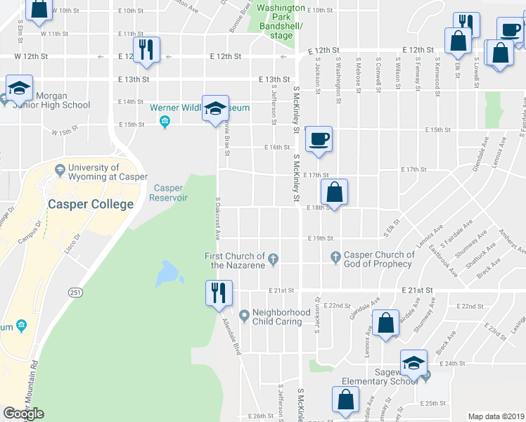 map of restaurants, bars, coffee shops, grocery stores, and more near 1805 South Mitchell Street in Casper