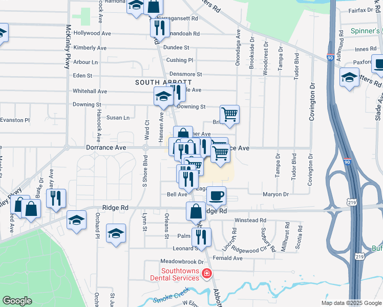 map of restaurants, bars, coffee shops, grocery stores, and more near 1243 Abbott Road in Buffalo