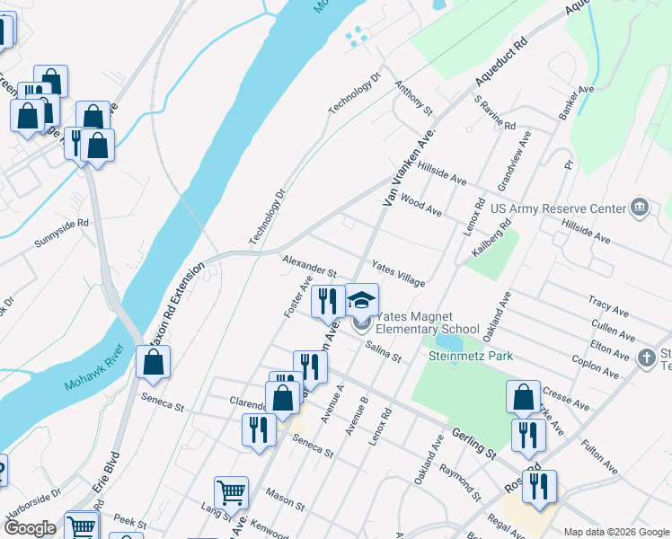 map of restaurants, bars, coffee shops, grocery stores, and more near 2143 Van Vranken Avenue in Schenectady