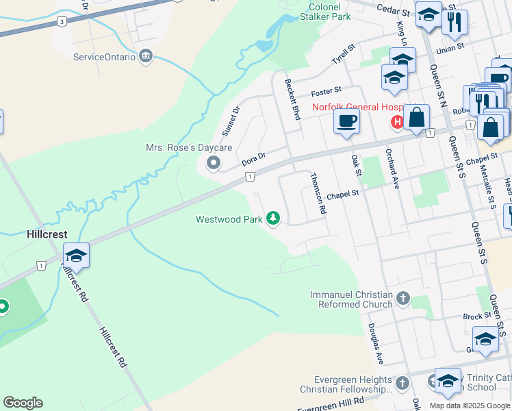 map of restaurants, bars, coffee shops, grocery stores, and more near 42 Virginia Avenue in Simcoe