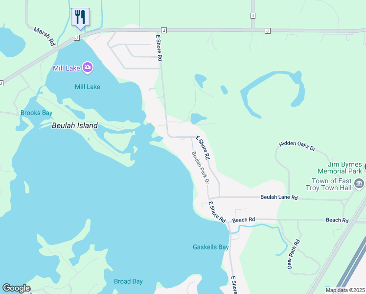 map of restaurants, bars, coffee shops, grocery stores, and more near N9377 Beulah Park Drive in East Troy