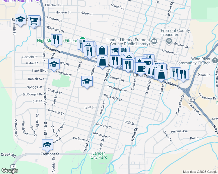 map of restaurants, bars, coffee shops, grocery stores, and more near 430 Popo Agie St in Lander