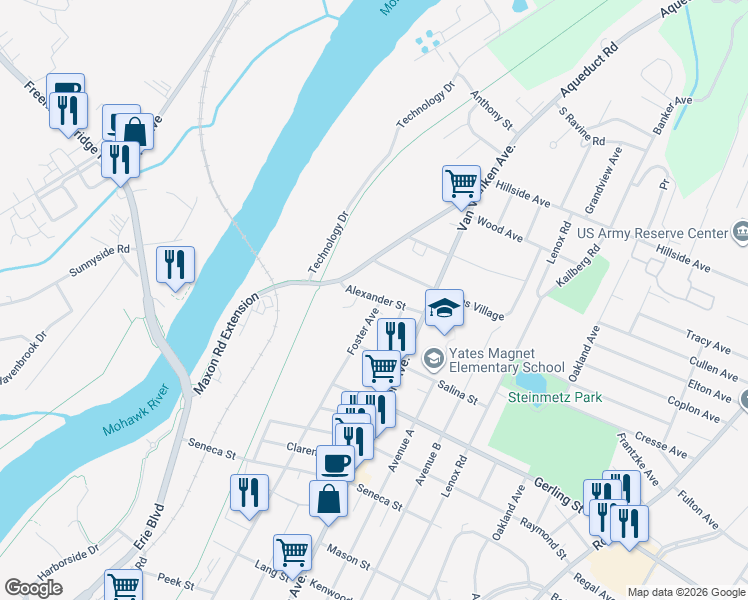 map of restaurants, bars, coffee shops, grocery stores, and more near 2130 Foster Avenue in Schenectady