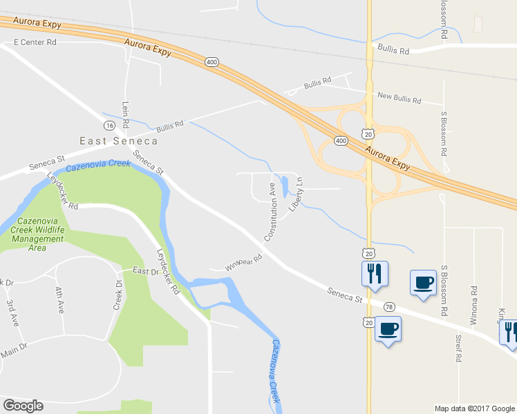 map of restaurants, bars, coffee shops, grocery stores, and more near 21 Constitution Avenue in Buffalo