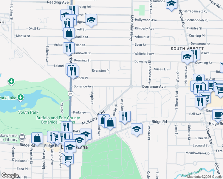 map of restaurants, bars, coffee shops, grocery stores, and more near 1163 McKinley Parkway in Buffalo