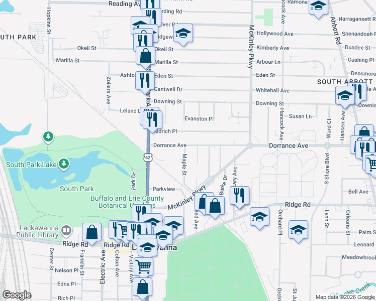map of restaurants, bars, coffee shops, grocery stores, and more near 38 Maple Street in Lackawanna