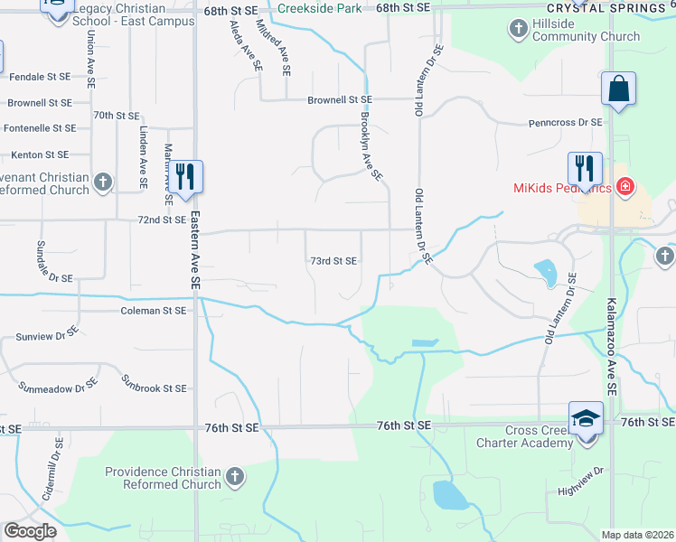 map of restaurants, bars, coffee shops, grocery stores, and more near 7359 Forsythia Avenue Southeast in Grand Rapids