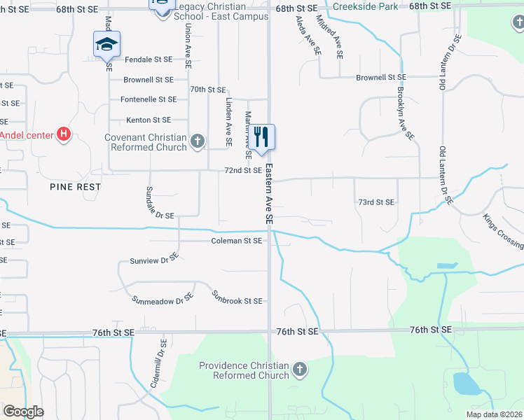 map of restaurants, bars, coffee shops, grocery stores, and more near 730 Dawn Street Southeast in Grand Rapids