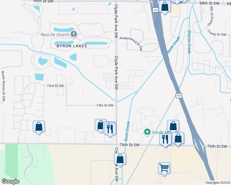 map of restaurants, bars, coffee shops, grocery stores, and more near 7350 Clyde Park Avenue Southwest in Byron Center