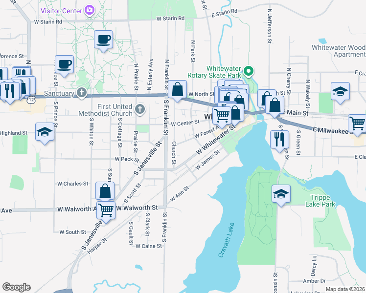map of restaurants, bars, coffee shops, grocery stores, and more near 436 West Whitewater Street in Whitewater