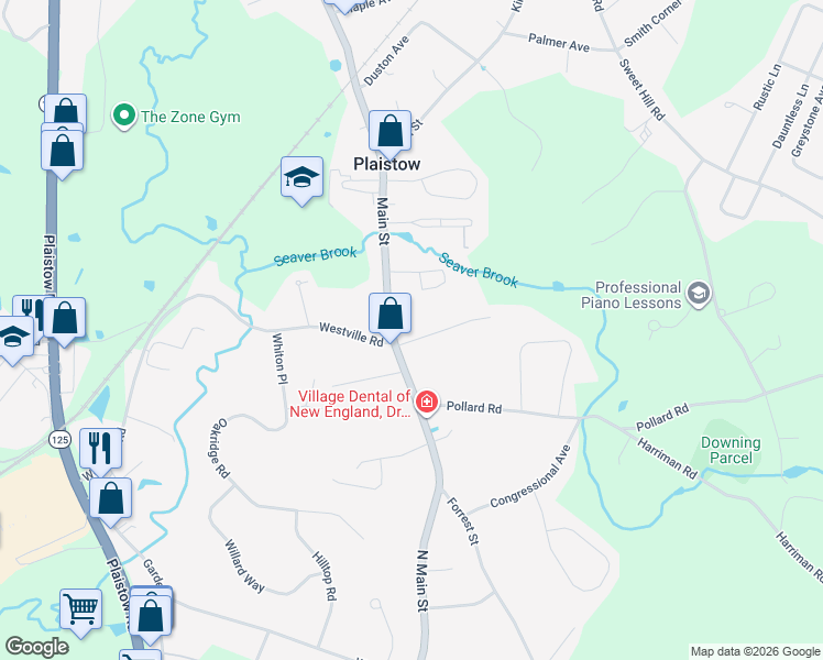 map of restaurants, bars, coffee shops, grocery stores, and more near 99 Main Street in Plaistow