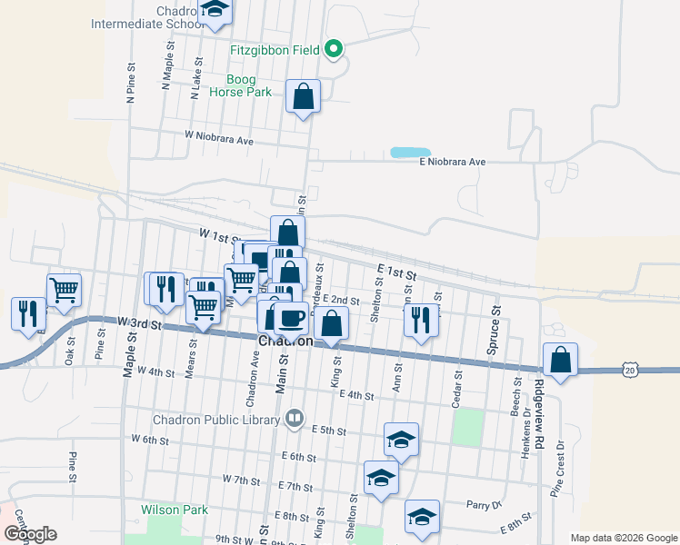 map of restaurants, bars, coffee shops, grocery stores, and more near 168-198 King Street in Chadron