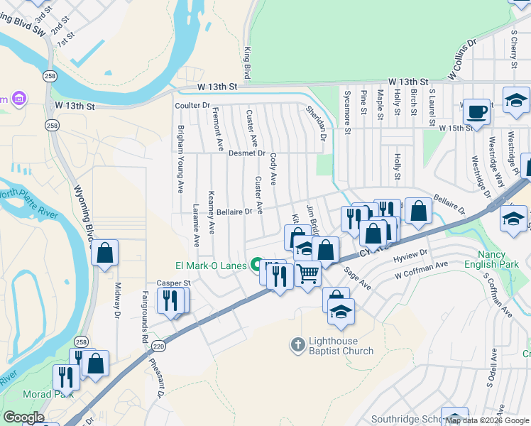 map of restaurants, bars, coffee shops, grocery stores, and more near 1824 Custer Avenue in Casper