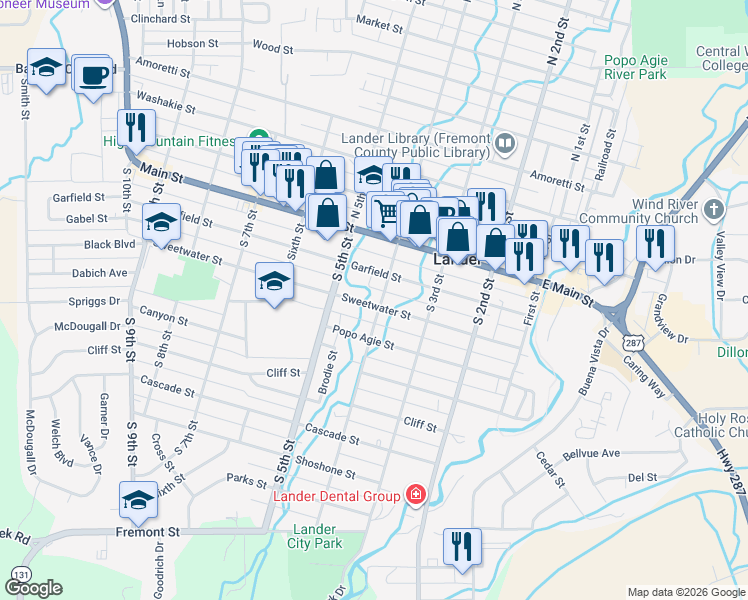 map of restaurants, bars, coffee shops, grocery stores, and more near 430 Popo Agie St in Lander