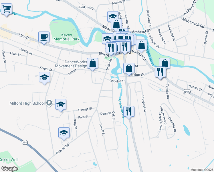 map of restaurants, bars, coffee shops, grocery stores, and more near 5 Willow Street in Milford