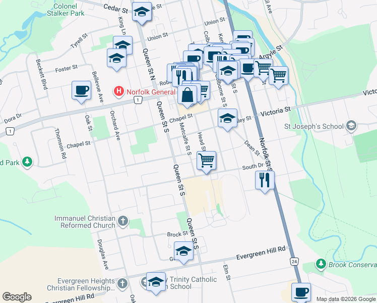 map of restaurants, bars, coffee shops, grocery stores, and more near 234 Metcalfe Street South in Simcoe