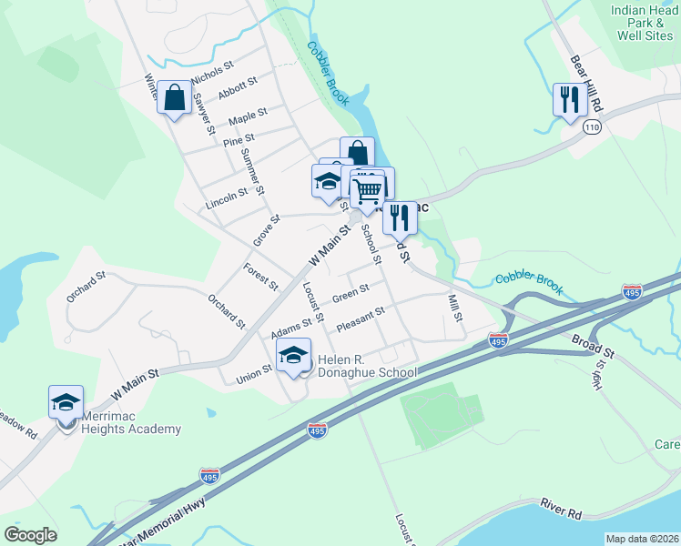 map of restaurants, bars, coffee shops, grocery stores, and more near 11 Central Street in Merrimac