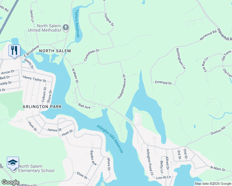 map of restaurants, bars, coffee shops, grocery stores, and more near 11 Independence Drive in Salem