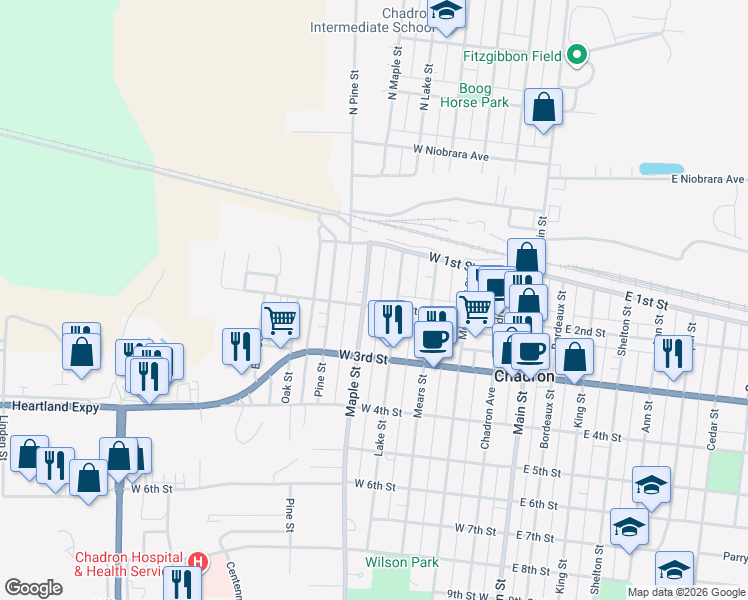 map of restaurants, bars, coffee shops, grocery stores, and more near 101-177 Lake Street in Chadron