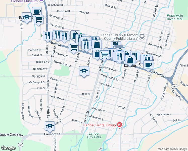 map of restaurants, bars, coffee shops, grocery stores, and more near 524 Sweetwater Street in Lander