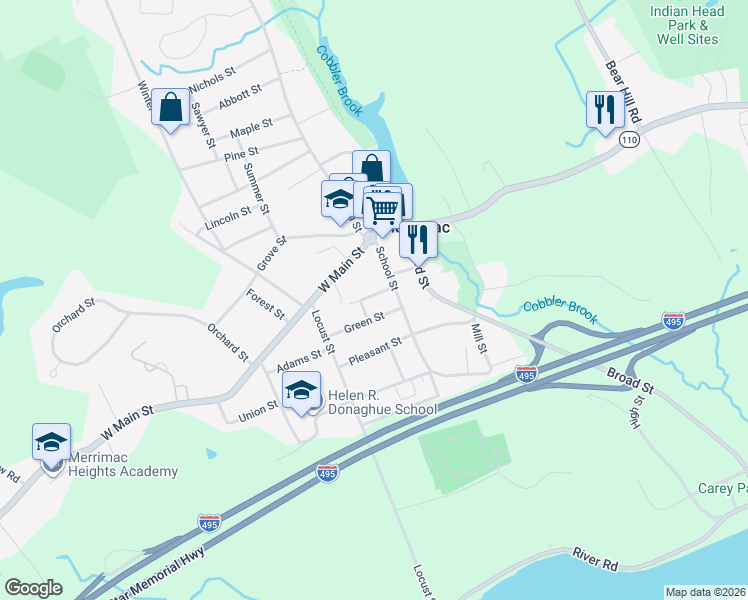 map of restaurants, bars, coffee shops, grocery stores, and more near 27 School Street in Merrimac
