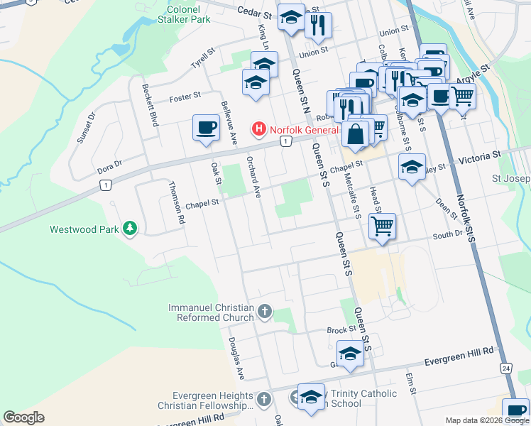 map of restaurants, bars, coffee shops, grocery stores, and more near 104 Orchard Avenue in Simcoe