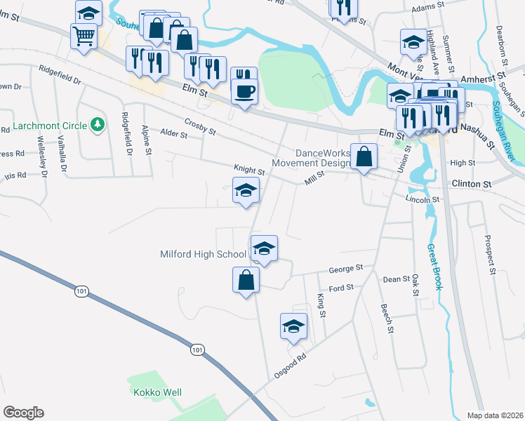 map of restaurants, bars, coffee shops, grocery stores, and more near 50 West Street in Milford