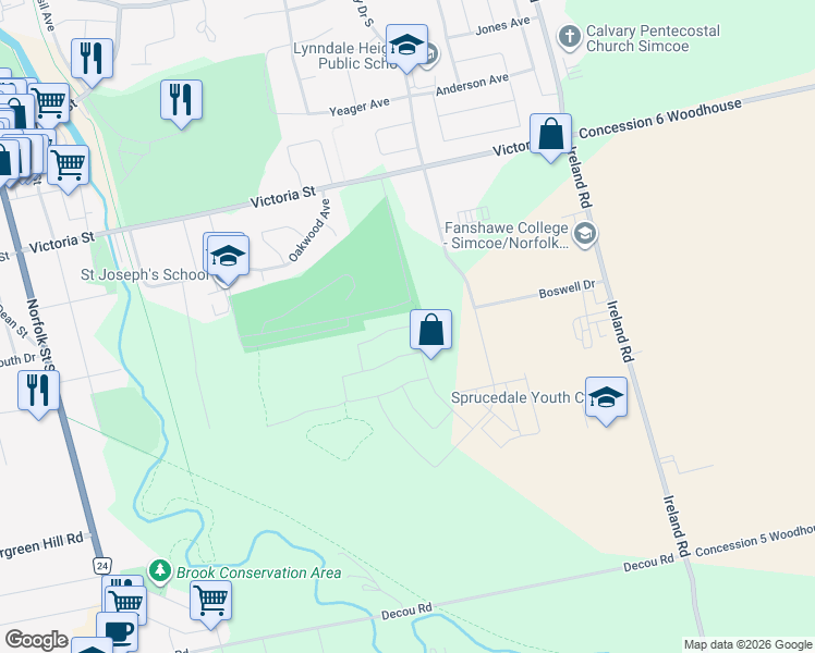 map of restaurants, bars, coffee shops, grocery stores, and more near 249 Woodway Trail in Simcoe
