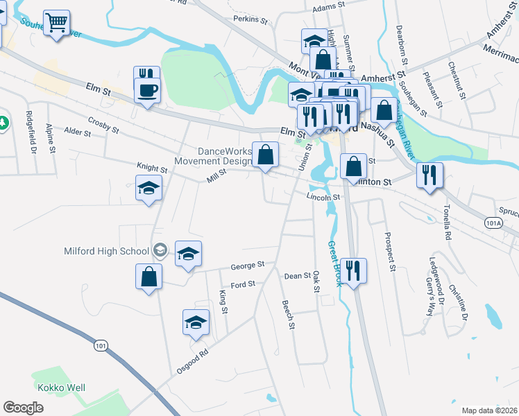 map of restaurants, bars, coffee shops, grocery stores, and more near 10 Ash Street in Milford