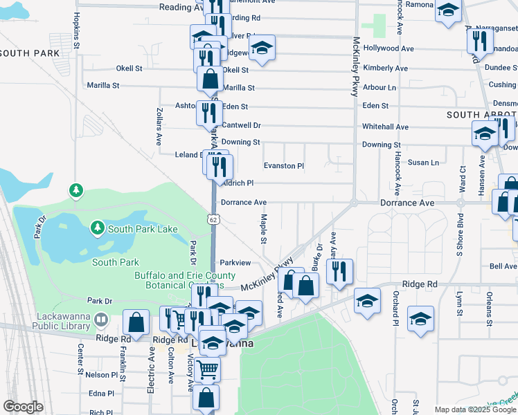 map of restaurants, bars, coffee shops, grocery stores, and more near 78 Dorrance Avenue in Buffalo