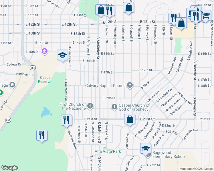 map of restaurants, bars, coffee shops, grocery stores, and more near 1725 S Jackson St in Casper