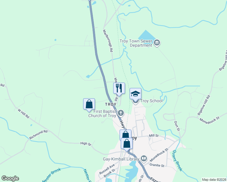 map of restaurants, bars, coffee shops, grocery stores, and more near 9 County Lane in Troy