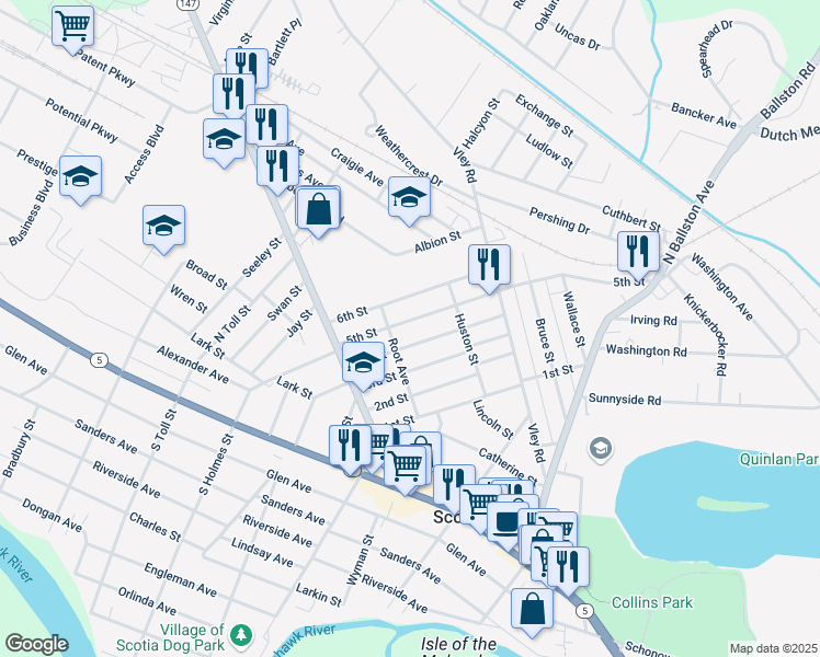 map of restaurants, bars, coffee shops, grocery stores, and more near 145 6th Street in Scotia