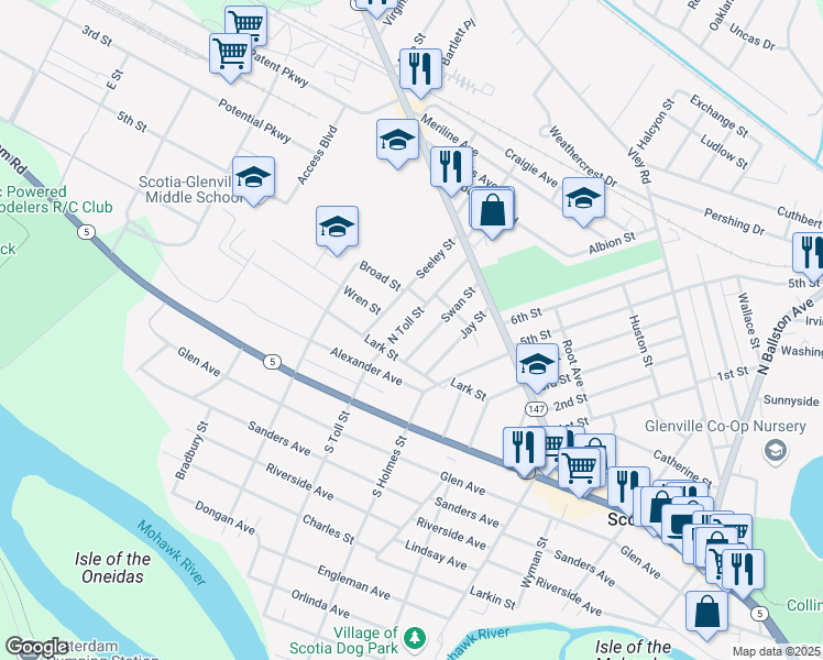 map of restaurants, bars, coffee shops, grocery stores, and more near 133 North Toll Street in Scotia