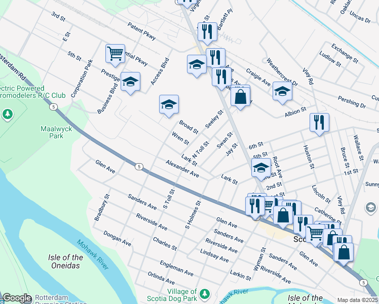 map of restaurants, bars, coffee shops, grocery stores, and more near 204 Wren Street in Scotia