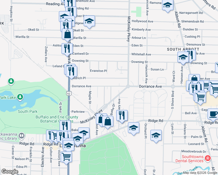 map of restaurants, bars, coffee shops, grocery stores, and more near 167 Aldrich Place in Buffalo
