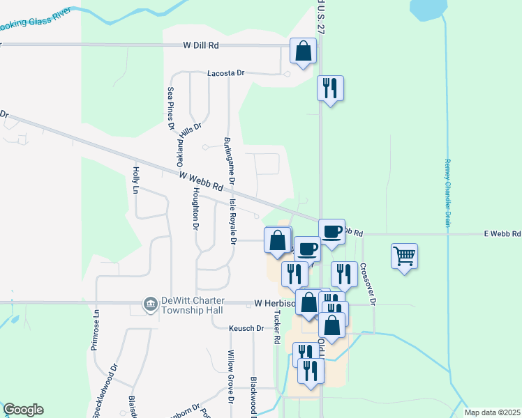 map of restaurants, bars, coffee shops, grocery stores, and more near 1080 West Webb Road in DeWitt